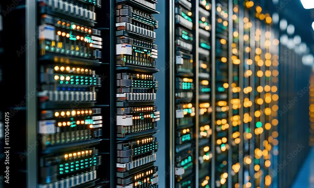 Rows of illuminated server racks in a modern data center. Rows of illuminated server racks in a modern data center.