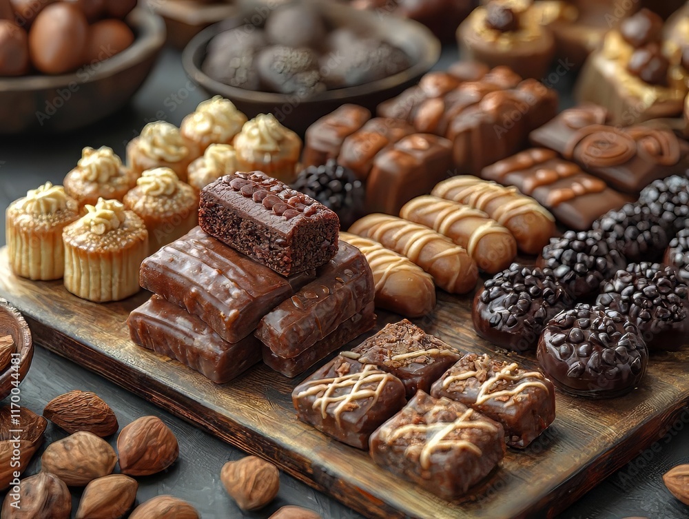 Assortment of sweet treats: Chocolate candy, brownies, pastries, and nuts on a wooden serving board. Assortment of sweet treats: Chocolate candy, brownies, pastries, and nuts on a wooden serving board.