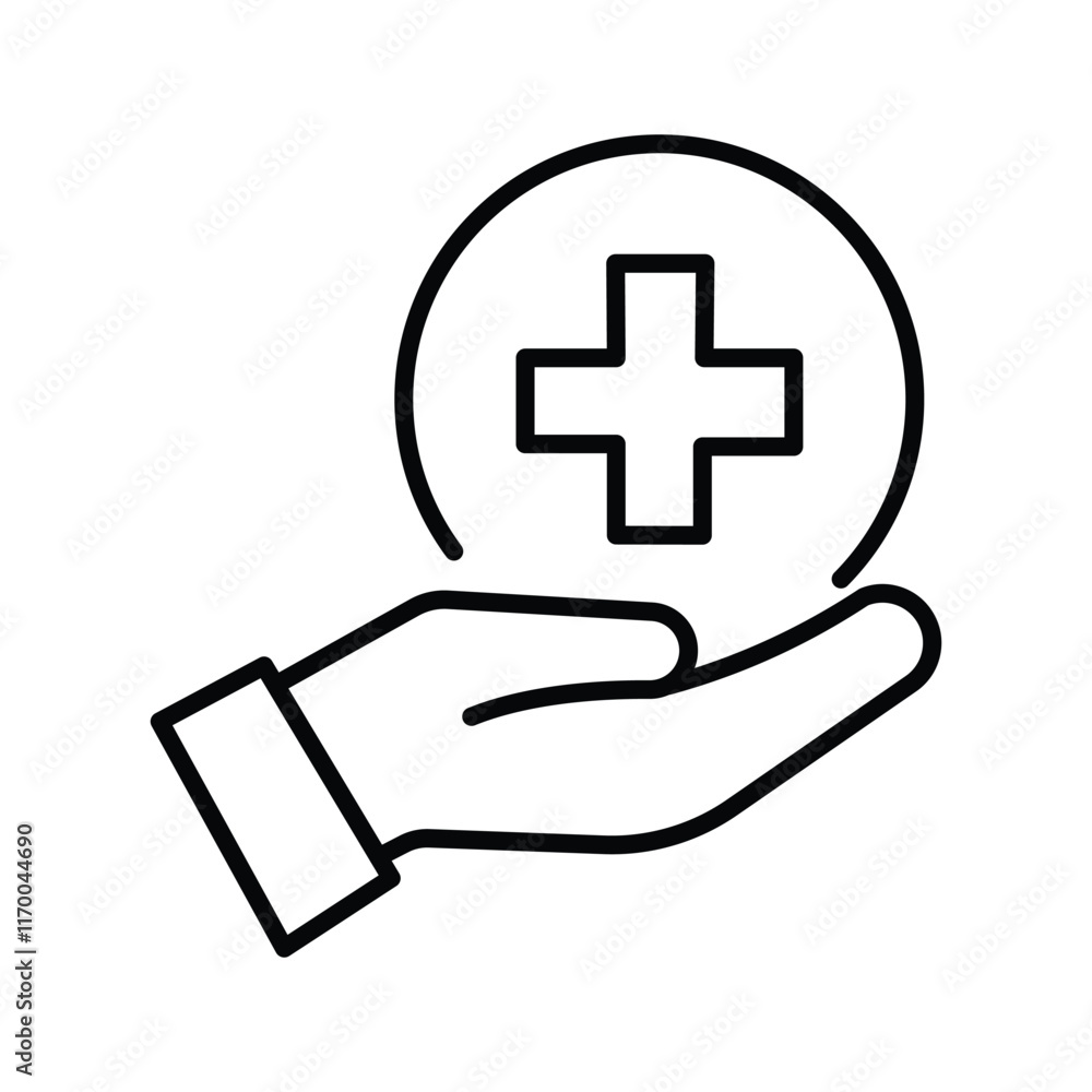 first aid provision, hand holding medical cross icon, medical assistance, thin line symbol first aid provision, hand holding medical cross icon, medical assistance, thin line symbol
