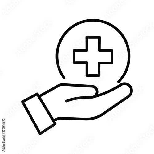 first aid provision, hand holding medical cross icon, medical assistance, thin line symbol