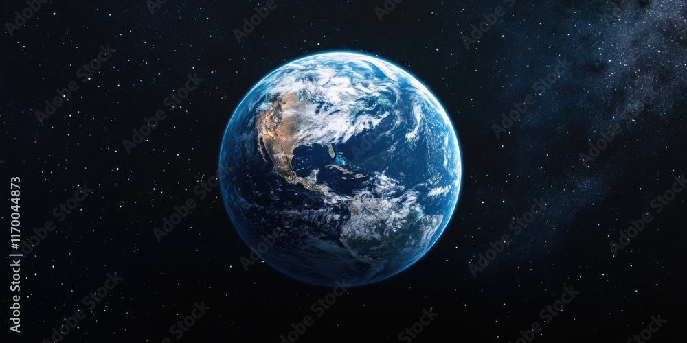 Blue and white planet in the middle of the night sky. The planet is surrounded by a lot of stars Blue and white planet in the middle of the night sky. The planet is surrounded by a lot of stars