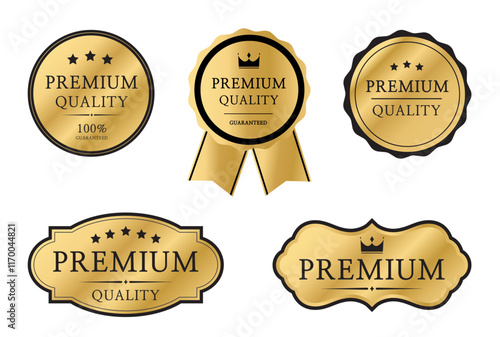 Premium quality badge set. Premium certificate badge. Golden label sign, seal, stamp, sticker. 100 percent quality guaranteed tag. Vector illustration