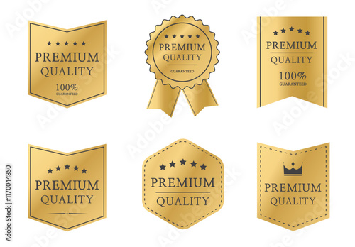 Premium quality badge set. Premium certificate badge. Golden label sign, seal, stamp, sticker. 100 percent quality guaranteed tag. Vector illustration