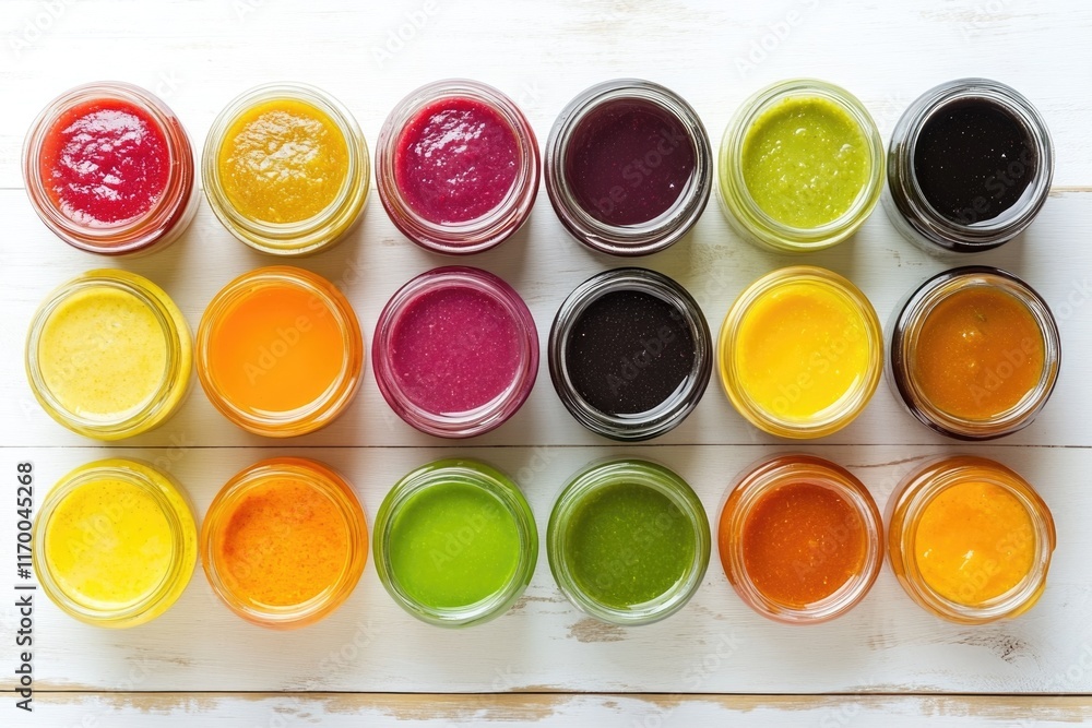Brightly colored jars with a variety of spreads and jellies in them, arranged neatly on a table. Brightly colored jars with a variety of spreads and jellies in them, arranged neatly on a table.