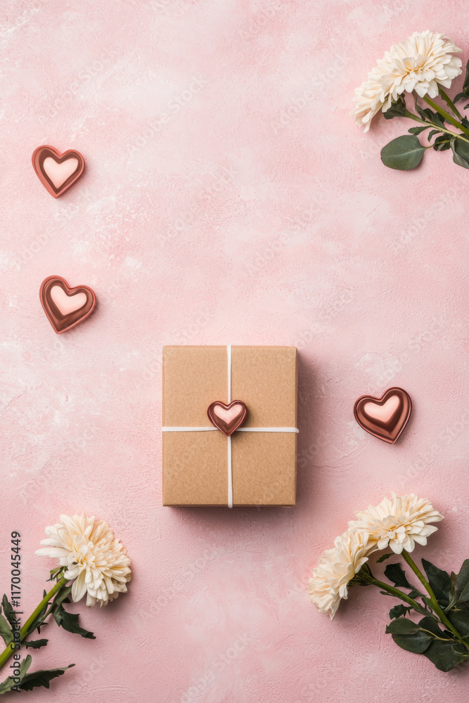romantic flat lay with gift box, heart shaped cho tes, and white flowers on pink background romantic flat lay with gift box, heart shaped cho tes, and white flowers on pink background