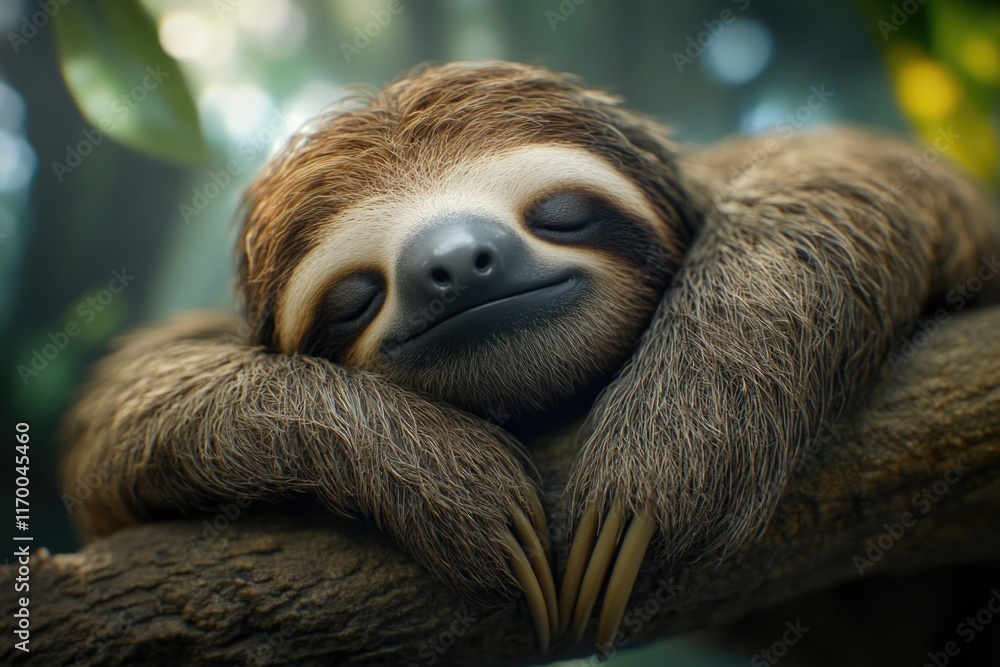 Brown and white sloth is sleeping on a tree branch. The sloth is smiling and he is very relaxed Brown and white sloth is sleeping on a tree branch. The sloth is smiling and he is very relaxed