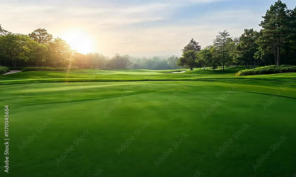 Sunrise over a lush green golf course fairway, with trees and rolling hills in the background. Sunrise over a lush green golf course fairway, with trees and rolling hills in the background.