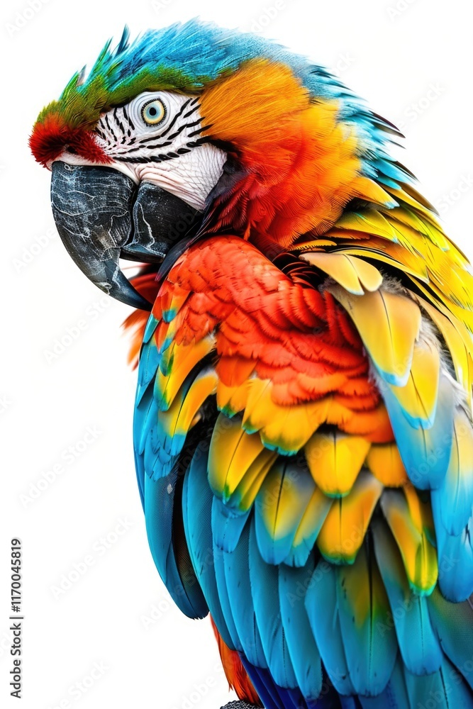 A vibrant macaw looking forward with a soft expression. A vibrant macaw looking forward with a soft expression.