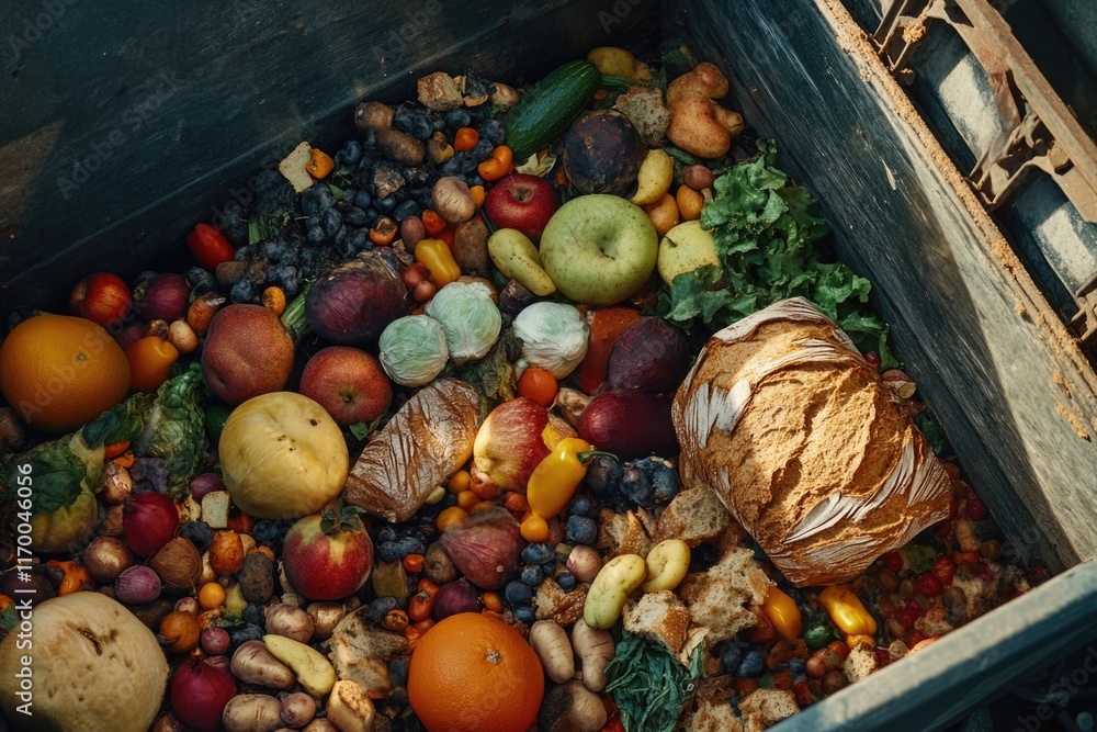 A bin filled with trash, containing a variety of discarded food items. A bin filled with trash, containing a variety of discarded food items.
