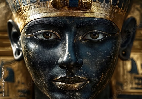 A close-up of the black and gold mask on the Pharaoh's face, with an ominous expression in his eyes.  photo