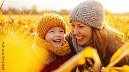 Warm golden sunlight, cornfield at sunset, mother and child embracing, soft focus portrait, autumn colors, cozy knit hats, intimate moment, golden hour glow, tall corn stalks, emotional connection, ba photo