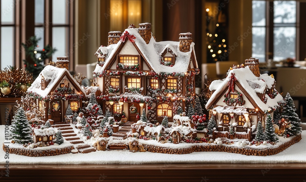 A magnificent gingerbread house village, intricately decorated with snow, lights, and figurines, sits on a table in a luxurious home. A magnificent gingerbread house village, intricately decorated with snow, lights, and figurines, sits on a table in a luxurious home.