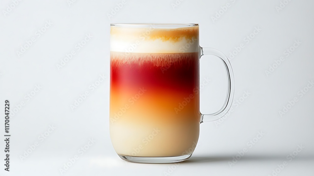 A layered beverage in a clear mug, showcasing vibrant colors and textures. A layered beverage in a clear mug, showcasing vibrant colors and textures.