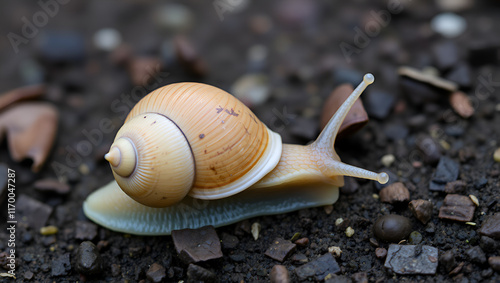 Arianta arbustorum, a land snail known as the copse snail, a terrestrial pulmonate gastropod mollusk from Finland photo