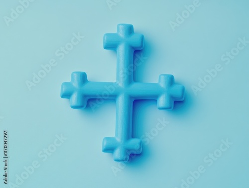 This is a 3D blue cross with a modern design. It is often associated with Christian iconography and symbolizes faith, belief and good fortune. photo