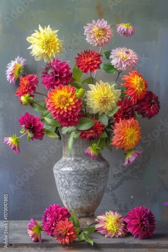 Wallpaper Mural A vibrant bouquet of painted dahlias in a ceramic vase, with a focus on the bright colors and cheerful fall-like ambiance. Torontodigital.ca