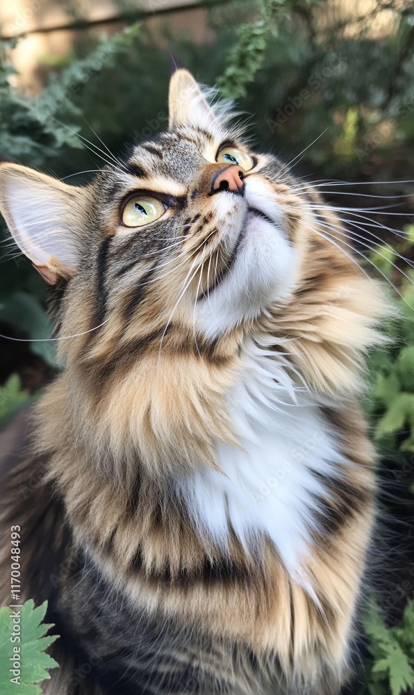 Obraz premium A fluffy Maine Coon cat looking upwards in a garden.