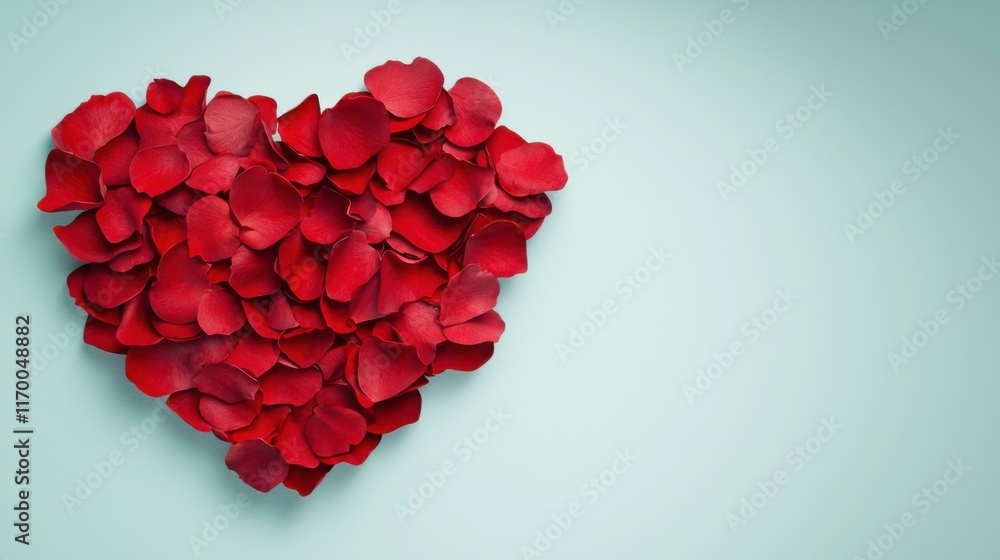 A heart shape created from vibrant red rose petals on a soft mint background, symbolizing love and affection. A heart shape created from vibrant red rose petals on a soft mint background, symbolizing love and affection.