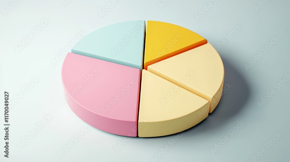 Fototapeta premium Colorful pie chart, pastel colors, cyan blue, yellow, pink, red segments, 3D rendering, smooth texture, soft lighting, minimalist design, business analytics concept, data visualization, clean backgrou