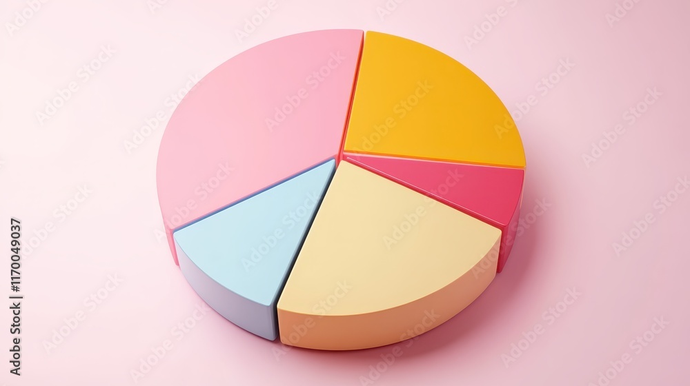 Fototapeta premium Colorful pie chart, pastel colors, cyan blue, yellow, pink, red segments, 3D rendering, smooth texture, soft lighting, minimalist design, business analytics concept, data visualization, clean backgrou
