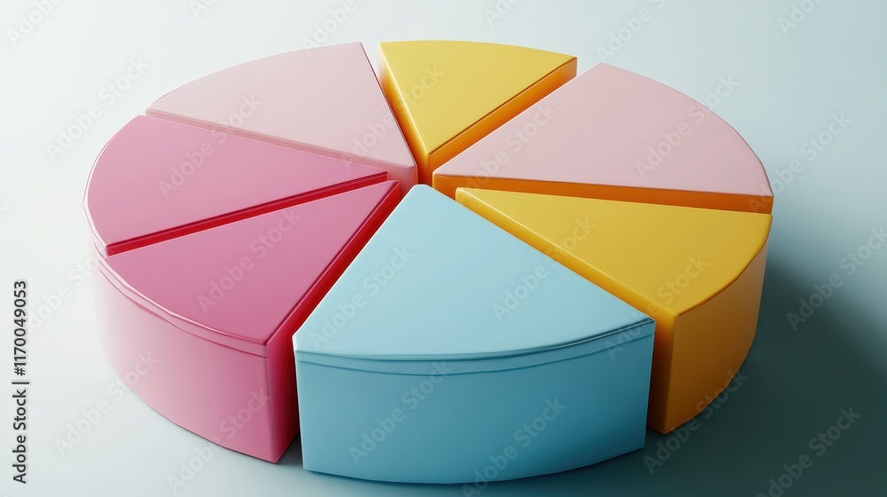 Obraz premium Colorful pie chart, pastel colors, cyan blue, yellow, pink, red segments, 3D rendering, smooth texture, soft lighting, minimalist design, business analytics concept, data visualization, clean backgrou