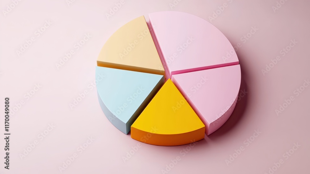 Obraz premium Colorful pie chart, pastel colors, cyan blue, yellow, pink, red segments, 3D rendering, smooth texture, soft lighting, minimalist design, business analytics concept, data visualization, clean backgrou