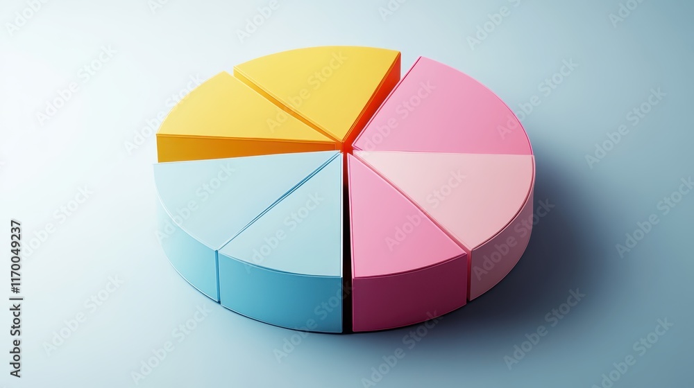 Obraz premium Colorful pie chart, pastel colors, cyan blue, yellow, pink, red segments, 3D rendering, smooth texture, soft lighting, minimalist design, business analytics concept, data visualization, clean backgrou