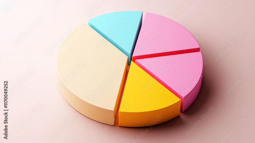 Fototapeta premium Colorful pie chart, pastel colors, cyan blue, yellow, pink, red segments, 3D rendering, smooth texture, soft lighting, minimalist design, business analytics concept, data visualization, clean backgrou