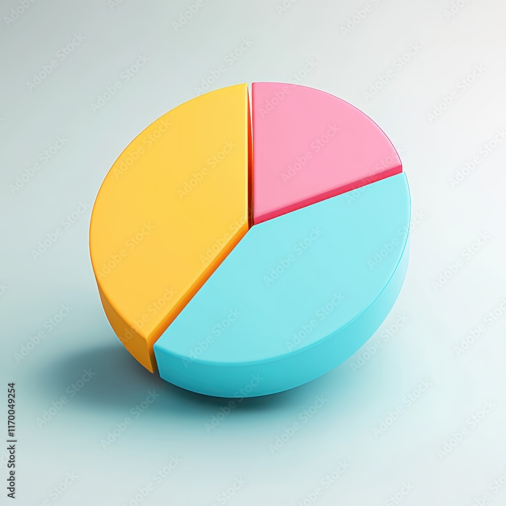 Obraz premium Colorful pie chart, pastel colors, cyan blue, yellow, pink, red segments, 3D rendering, smooth texture, soft lighting, minimalist design, business analytics concept, data visualization, clean backgrou