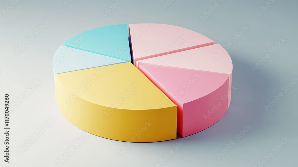 Obraz premium Colorful pie chart, pastel colors, cyan blue, yellow, pink, red segments, 3D rendering, smooth texture, soft lighting, minimalist design, business analytics concept, data visualization, clean backgrou