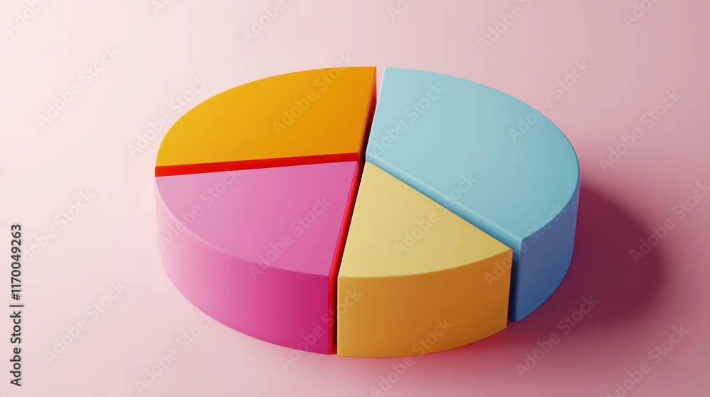 Obraz premium Colorful pie chart, pastel colors, cyan blue, yellow, pink, red segments, 3D rendering, smooth texture, soft lighting, minimalist design, business analytics concept, data visualization, clean backgrou