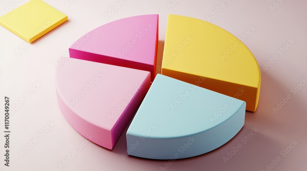 Obraz premium Colorful pie chart, pastel colors, cyan blue, yellow, pink, red segments, 3D rendering, smooth texture, soft lighting, minimalist design, business analytics concept, data visualization, clean backgrou