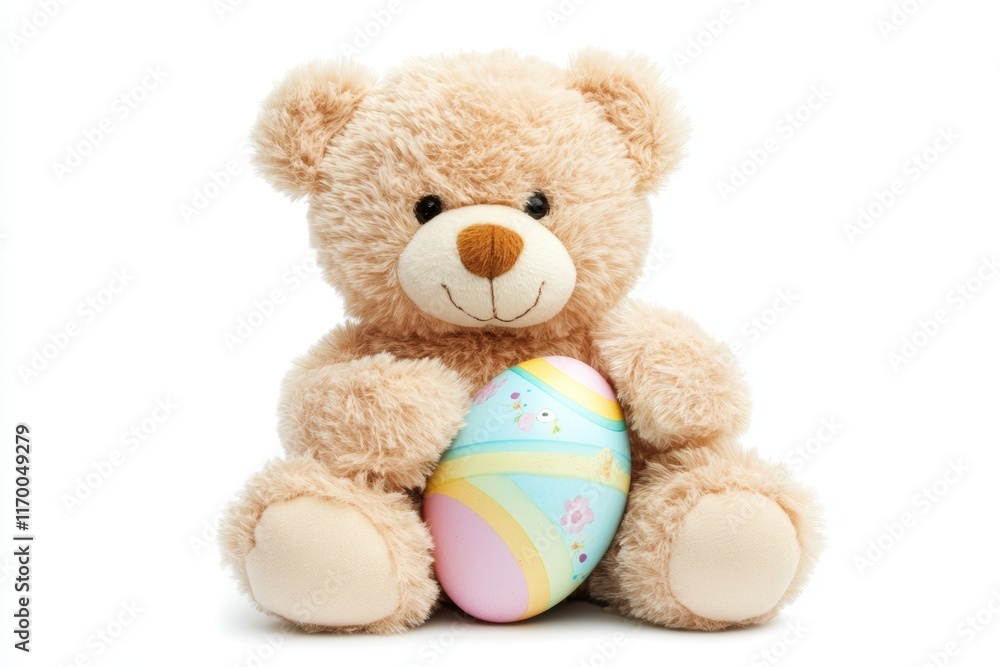 Obraz premium Teddy bear is holding an egg in its mouth