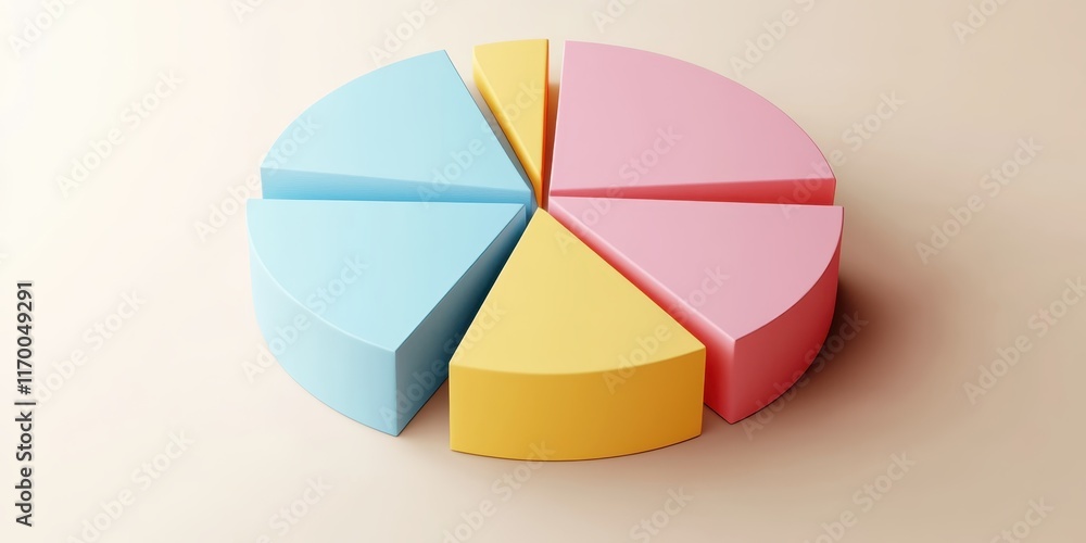 Obraz premium Colorful pie chart, pastel colors, cyan blue, yellow, pink, red segments, 3D rendering, smooth texture, soft lighting, minimalist design, business analytics concept, data visualization, clean backgrou