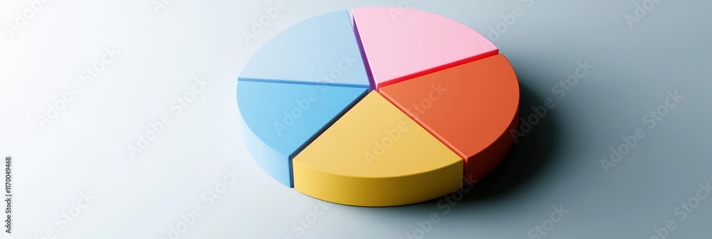 Obraz premium Colorful pie chart, pastel colors, cyan blue, yellow, pink, red segments, 3D rendering, smooth texture, soft lighting, minimalist design, business analytics concept, data visualization, clean backgrou
