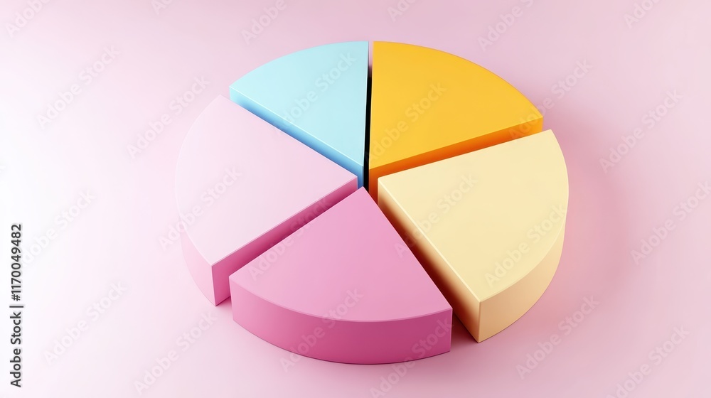Fototapeta premium Colorful pie chart, pastel colors, cyan blue, yellow, pink, red segments, 3D rendering, smooth texture, soft lighting, minimalist design, business analytics concept, data visualization, clean backgrou