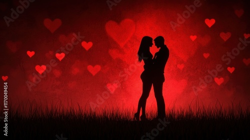 A romantic silhouette of a couple in love against a vibrant red background filled with hearts, symbolizing passion and affection. photo