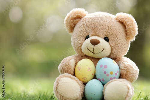 Teddy bear is sitting on the grass holding four eggs