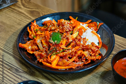 제육덮밥이 식탁 위에 놓여있는 모습