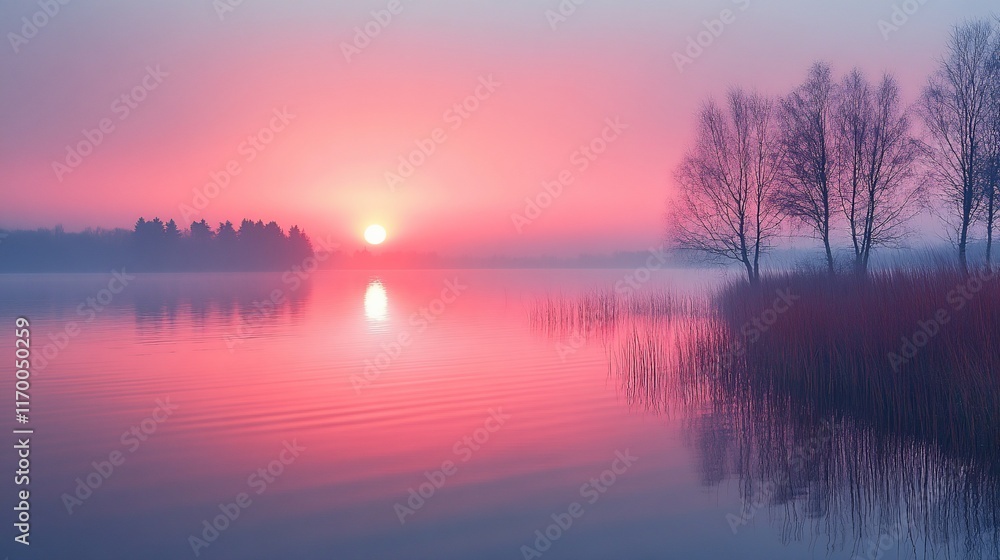 Pink Sunrise Over Still Lake With Silhouetted Trees Pink Sunrise Over Still Lake With Silhouetted Trees