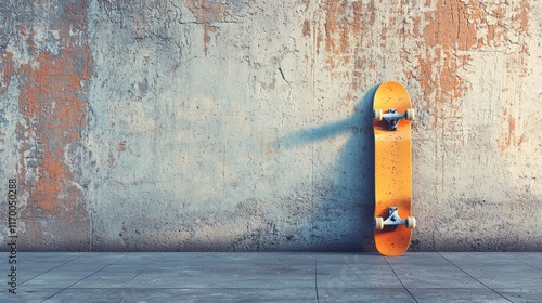 Skateboard against a textured urban wall background