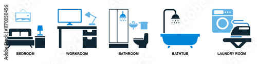 Set of Modern Home Interior Room Icons, Bedroom and Workroom, Bathroom and Bathtub, and Laundry Room. Minimalist Vector Design Elements for Residential Living Spaces, Household Themes, and Decoration.
