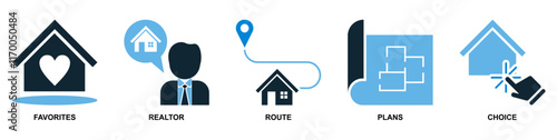 Real estate property, house residential building architecture. Containing agent, purchase or buy, route and plans vector glyphs pictogram sign icon symbol ui and ux design	