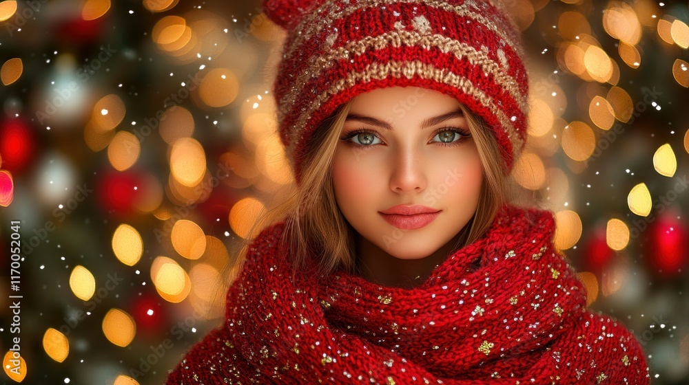 Young woman in a cozy winter setting with festive lights. Young woman in a cozy winter setting with festive lights.