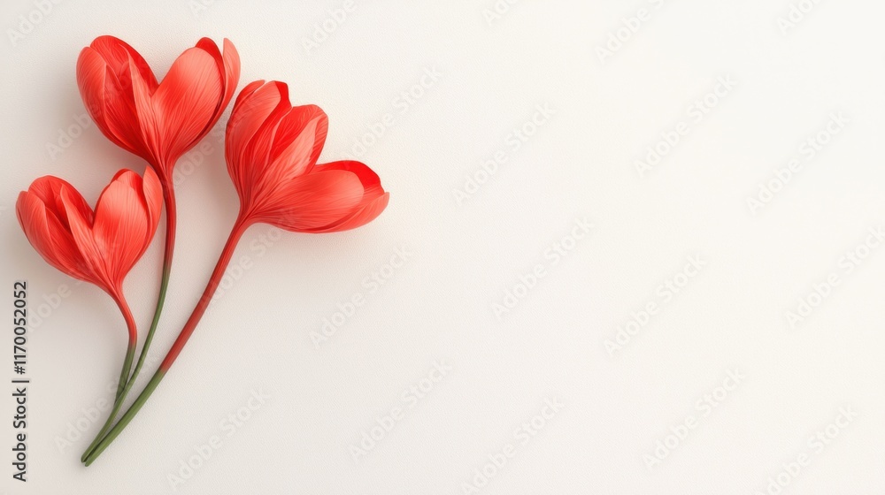 Naklejka premium Three vibrant red tulips arranged elegantly on a soft background, symbolizing beauty and nature's grace.