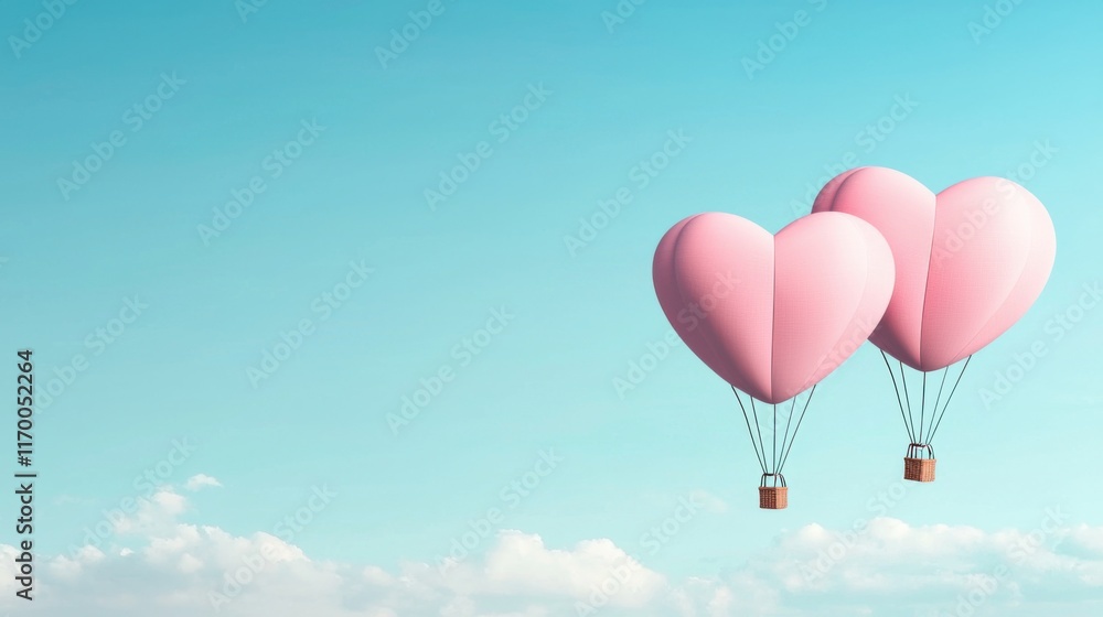 Fototapeta premium Two pink heart-shaped hot air balloons float gently in a clear blue sky, symbolizing love, adventure, and dreams.