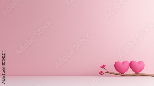 Wallpaper Mural Two pink hearts gently resting on a branch against a soft pink background, symbolizing love and tenderness. Torontodigital.ca
