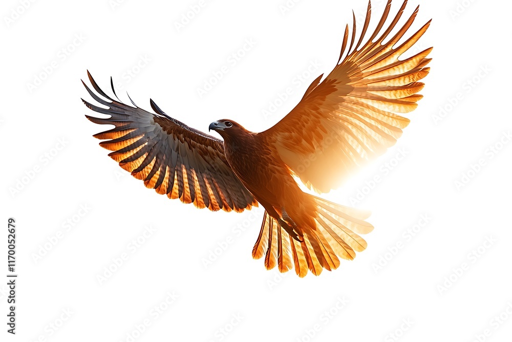 Fototapeta premium A majestic hawk soaring with outstretched wings against a bright background.
