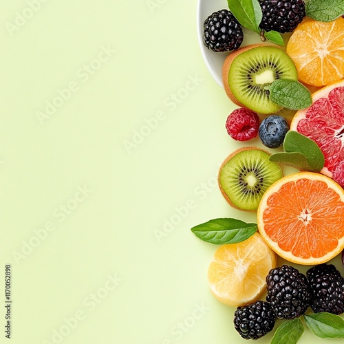 delightful fruit salad on the right side of the image, complemented by a soft pastel background that invites freshne photo