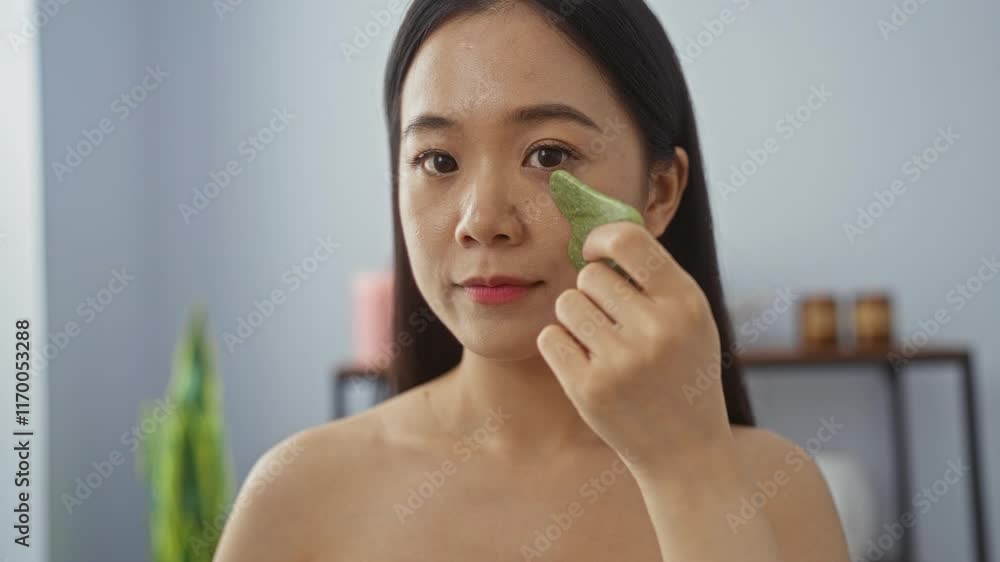 Young woman performing a facial massage with a jade tool in a spa room, emphasizing wellness and skincare in a relaxed environment Young woman performing a facial massage with a jade tool in a spa room, emphasizing wellness and skincare in a relaxed environment